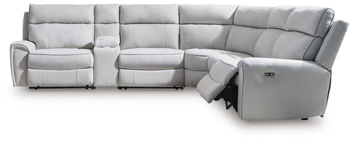 Ashley Furniture Social Pointe reclining sectional with storage console, featuring plush cushions and a modern design in a home setting.