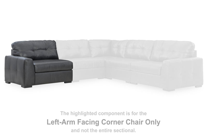 Ashley Furniture Brindley Pier Sectional sofa with plush cushions and neutral swatch fabric, shown from a side angle.