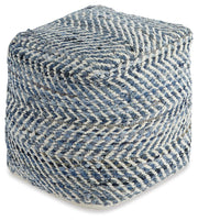 Chevron pouf by Ashley Furniture featuring a stylish, patterned fabric and plush cushioned seating.