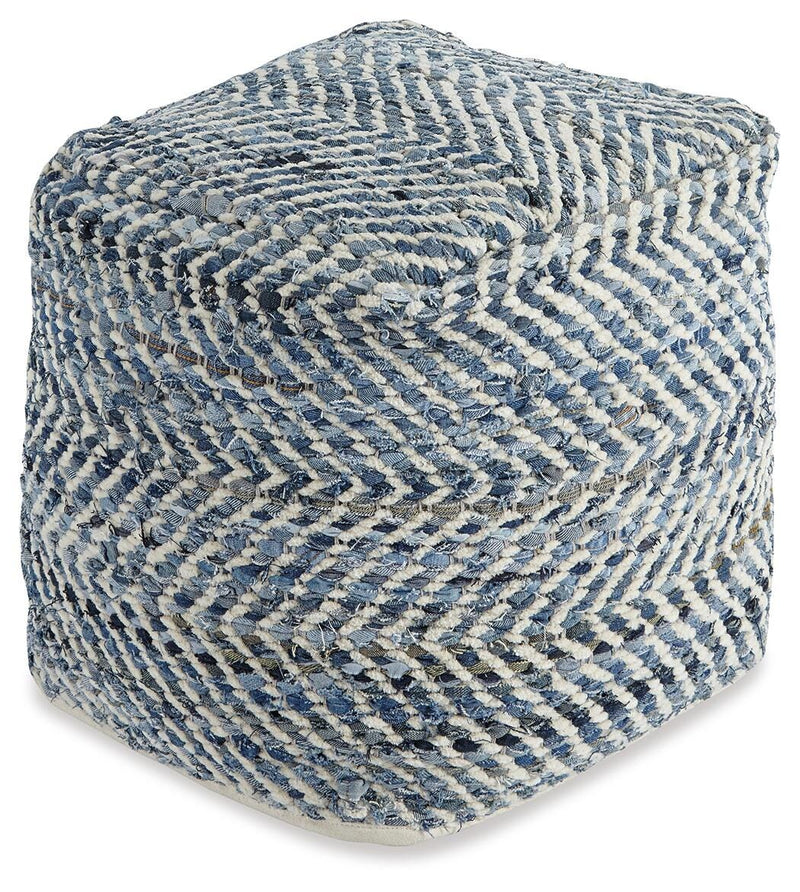 Chevron pouf by Ashley Furniture featuring a stylish, patterned fabric and plush cushioned seating.