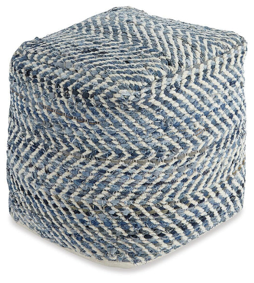 Chevron pouf by Ashley Furniture featuring a stylish, patterned fabric and plush cushioned seating.
