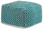 Ashley Furniture Brynnsen Pouf with soft fabric upholstery and plush cushioning, shown in a stylish angled view.