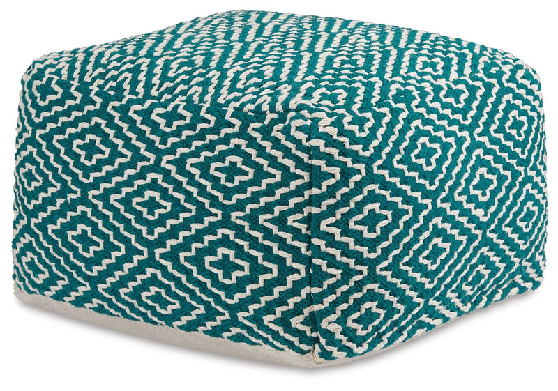 Ashley Furniture Brynnsen Pouf with soft fabric upholstery and plush cushioning, shown in a stylish angled view.