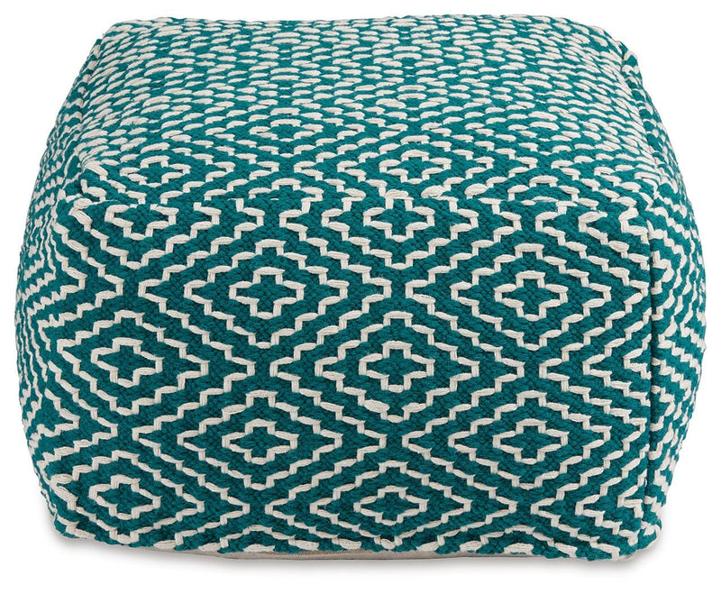 Ashley Furniture Brynnsen pouf featuring soft fabric upholstery and a modern round design, shown from a head-on angle.