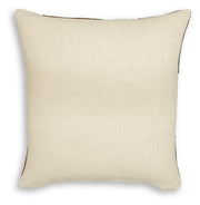 Set of four Ashley Furniture Hallam pillows with neutral fabric and decorative accents, designed for stylish bedroom or living room decor.