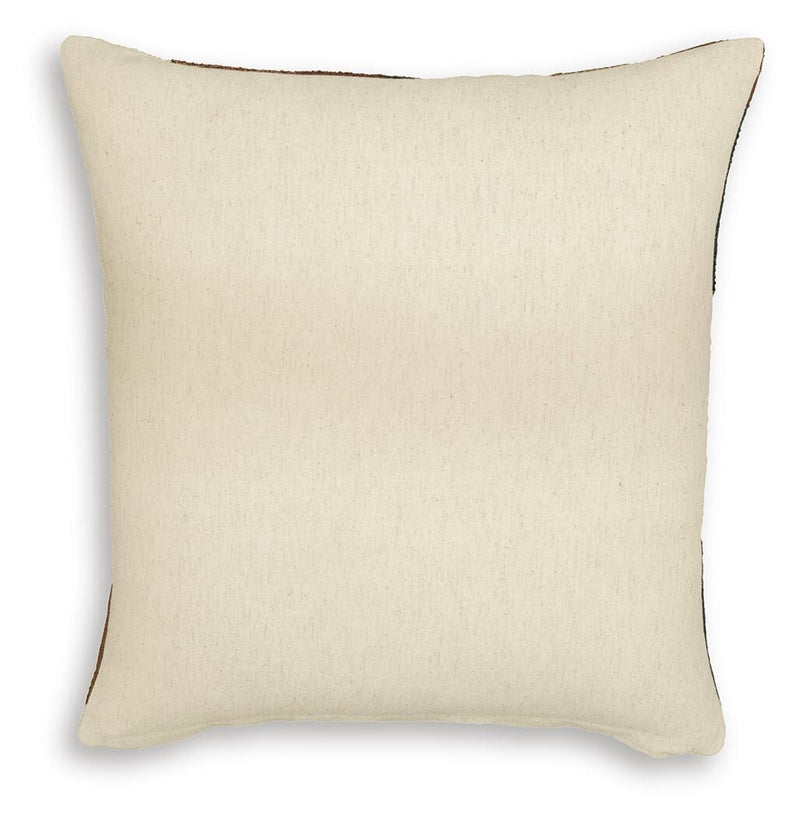 Set of four Ashley Furniture Hallam pillows with neutral fabric and decorative accents, designed for stylish bedroom or living room decor.