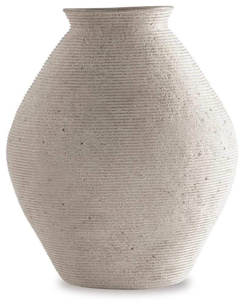 Ashley Furniture Hannela Vase with sleek, modern design in neutral tones, suitable for decorative display.