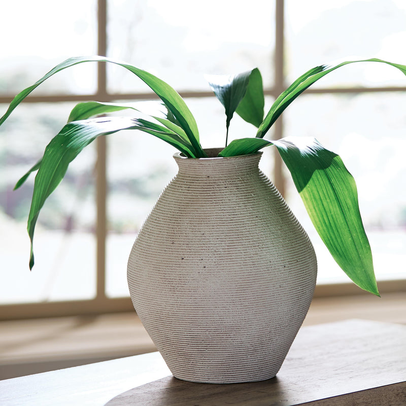Ashley Furniture Hannela Vase, decorative ceramic vase with textured surface and neutral finish, suitable for modern home decor.
