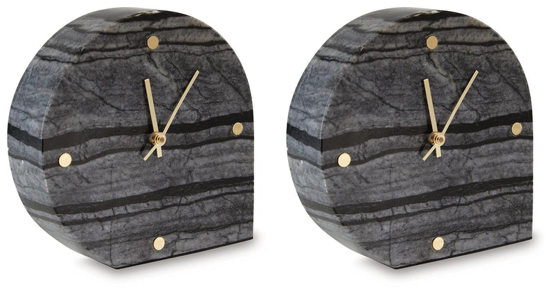 Pair of Ashley Furniture Janmour table clocks, stylish table top accessories with modern design and neutral finishes.