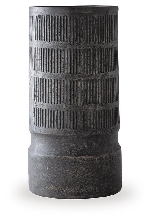 Beninworth Vase by Ashley Furniture, ceramic decorative vase with a textured blue and white finish, displayed on a wooden surface.