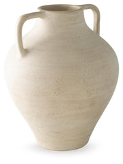 Ashley Furniture Justy Vase featuring a sleek design and neutral finish, perfect for decorative use in modern home decor.