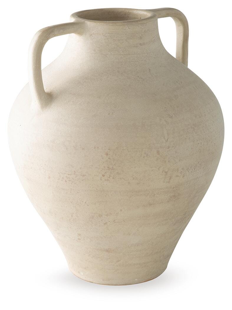 Ashley Furniture Justy Vase featuring a sleek design and neutral finish, perfect for decorative use in modern home decor.