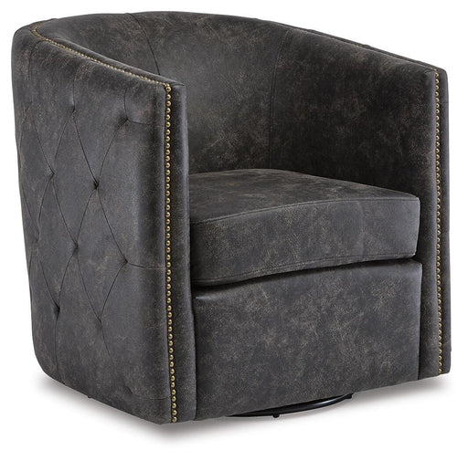 Ashley Furniture Brentlow swivel accent chair with plush fabric and wooden legs, ideal for living room or office decor.