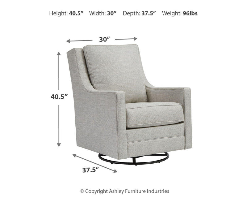 Ashley Furniture Kambria swivel glider accent chair with plush upholstery and wooden legs, designed for comfortable seating.