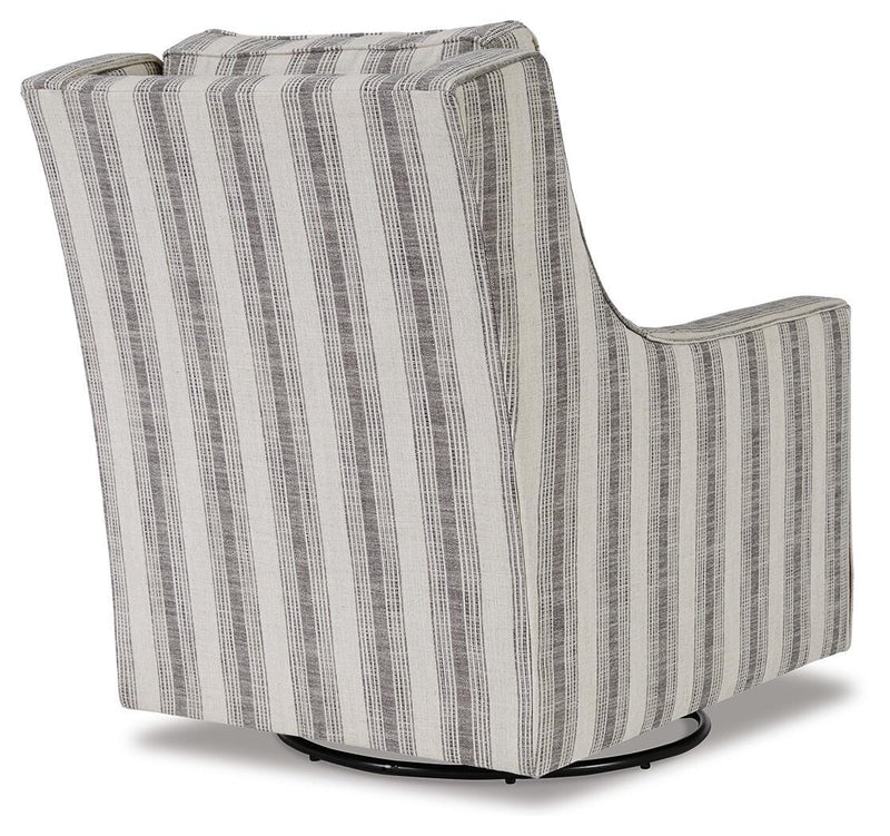 Ashley Furniture Kambria swivel glider accent chair with plush fabric and a modern design, shown from the back view.