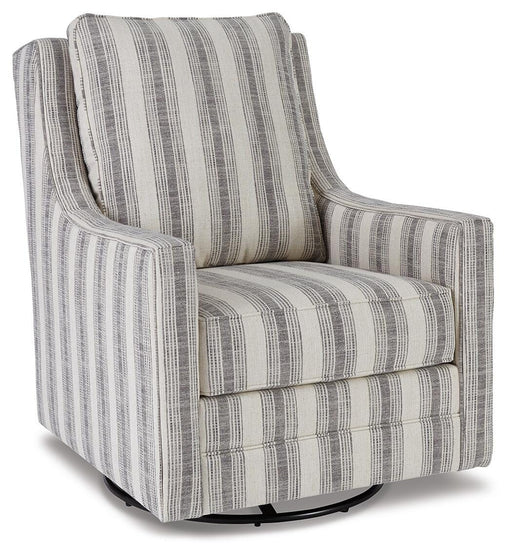 Ashley Furniture Kambria swivel glider accent chair with plush fabric and modern design, shown in a cozy living room setting.