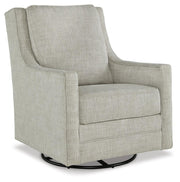 Ashley Furniture Kambria swivel glider accent chair with plush upholstery and wooden base, shown from an angled side view.