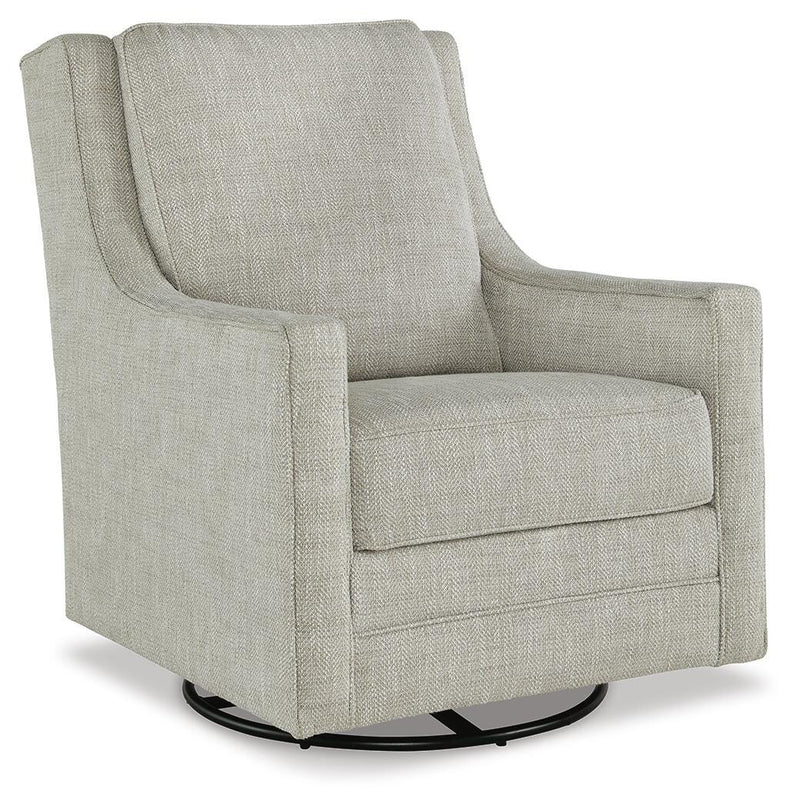 Ashley Furniture Kambria swivel glider accent chair with plush upholstery and wooden base, shown from an angled side view.