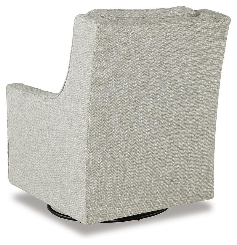 Ashley Furniture Kambria swivel glider accent chair with plush upholstery and wooden base, shown from the back.