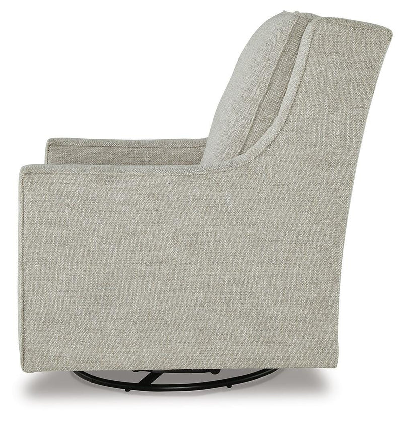 Ashley Furniture Kambria swivel glider accent chair with plush upholstery and wooden legs, shown from a side angle.