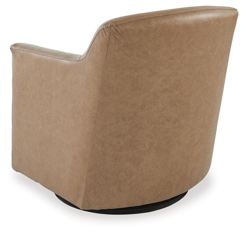 Ashley Furniture Bradney swivel accent chair with a modern design and plush upholstery, shown from the back angle.