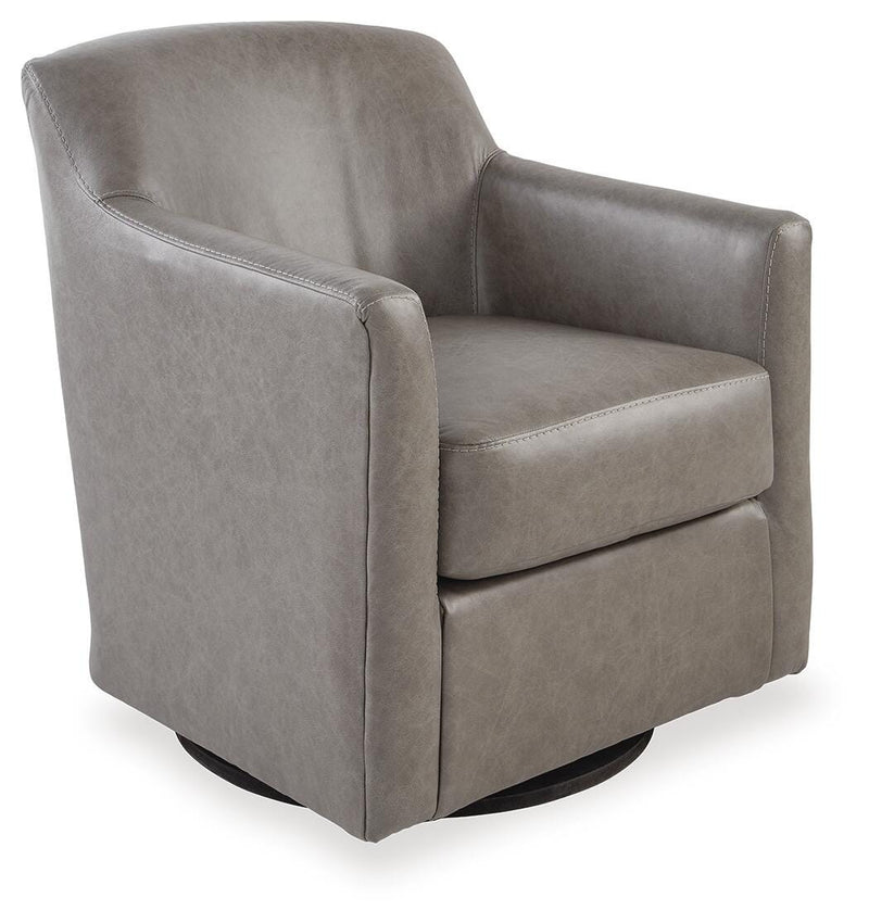 Ashley Furniture Bradney swivel accent chair with plush fabric and modern design, shown from an angled view.
