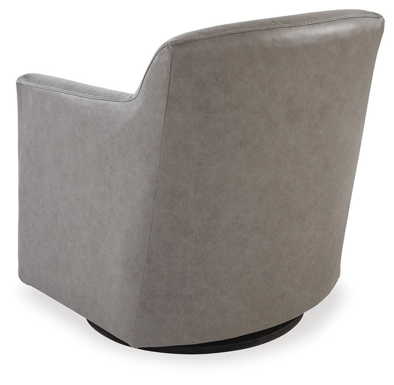 Ashley Furniture Bradney swivel accent chair with plush upholstery and a modern design, shown from the back in this image.