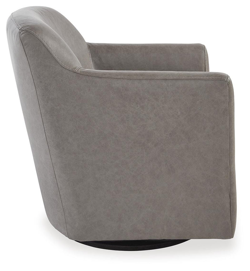 Ashley Furniture Bradney swivel accent chair with plush fabric and modern design, shown in a side view.
