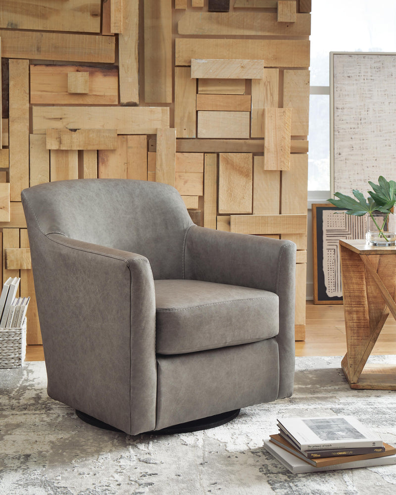 Ashley Furniture Bradney swivel accent chair with a modern design, featuring plush upholstery and a sleek, rotating base.