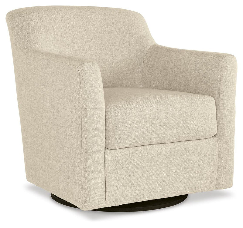 Ashley Furniture Bradney swivel accent chair with plush upholstery and modern design, shown from an angled side view.