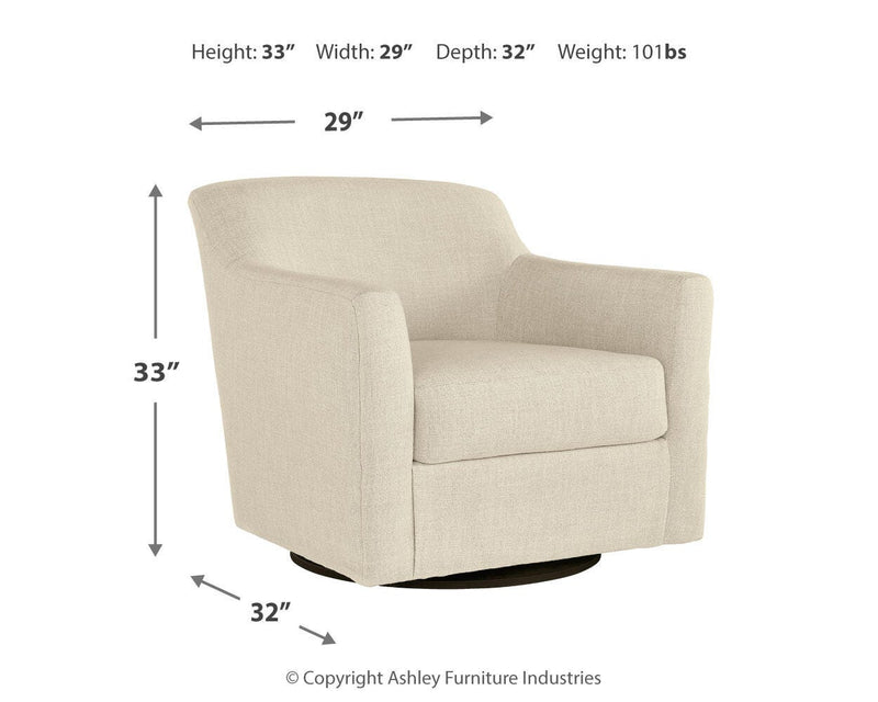 Ashley Furniture Bradney swivel accent chair with plush fabric and modern design, shown in a cozy living room setting.