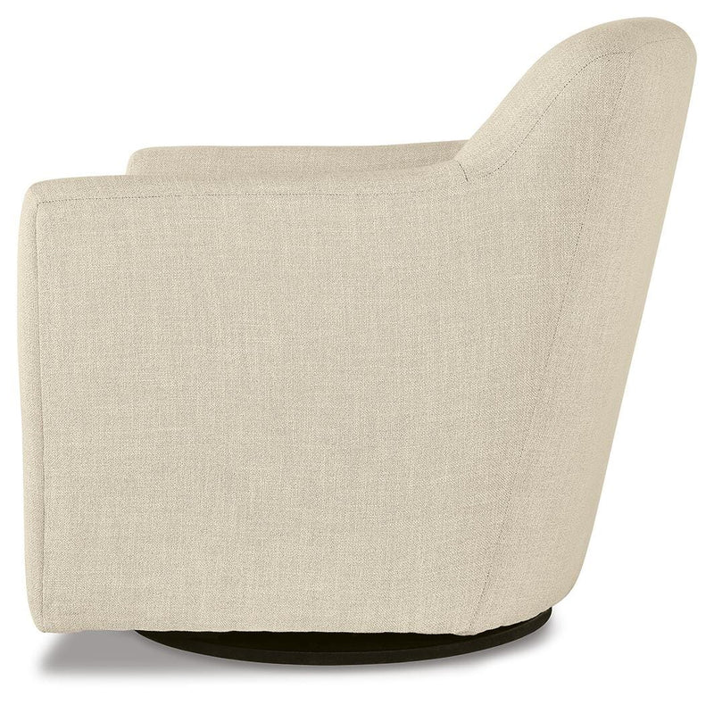 Ashley Furniture Bradney swivel accent chair with plush fabric and modern design, shown from side view.
