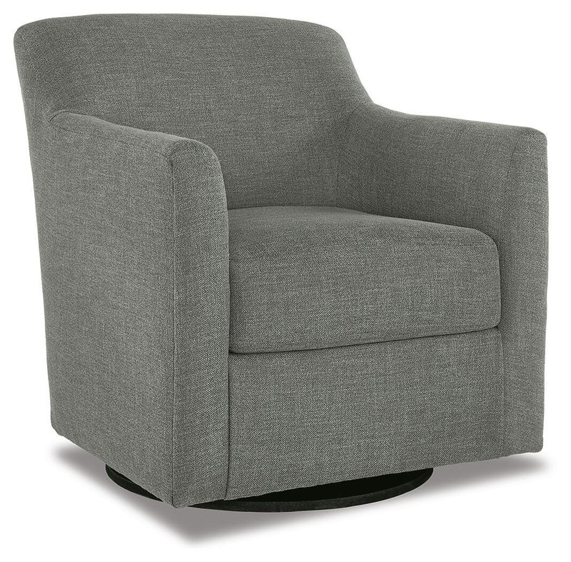 Ashley Furniture Bradney swivel accent chair with plush fabric and a modern design, shown from an angle.