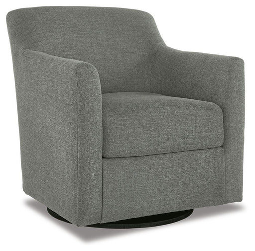 Ashley Furniture Bradney swivel accent chair with plush fabric and a modern design, shown from an angle.