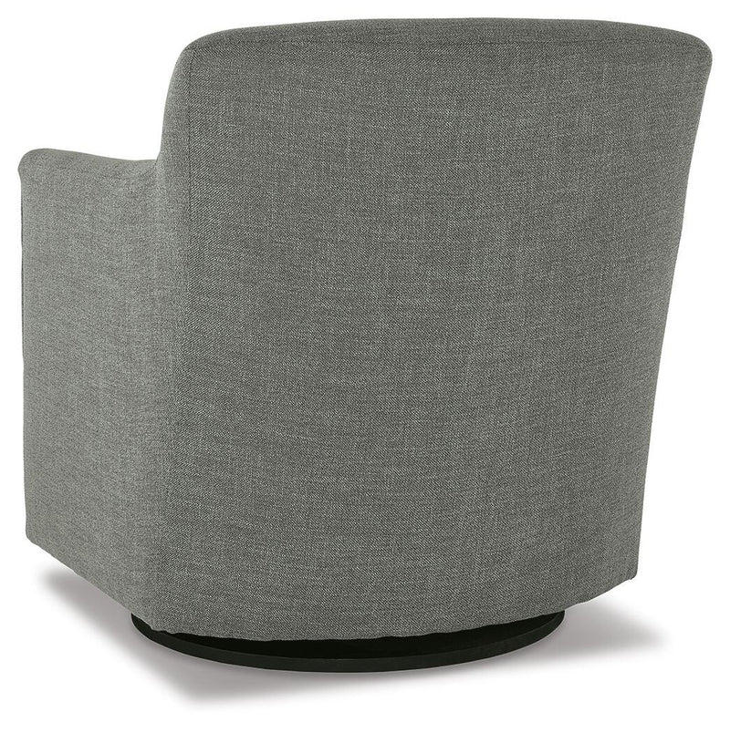 Ashley Furniture Bradney swivel accent chair with plush fabric and modern design, shown from the back angle.