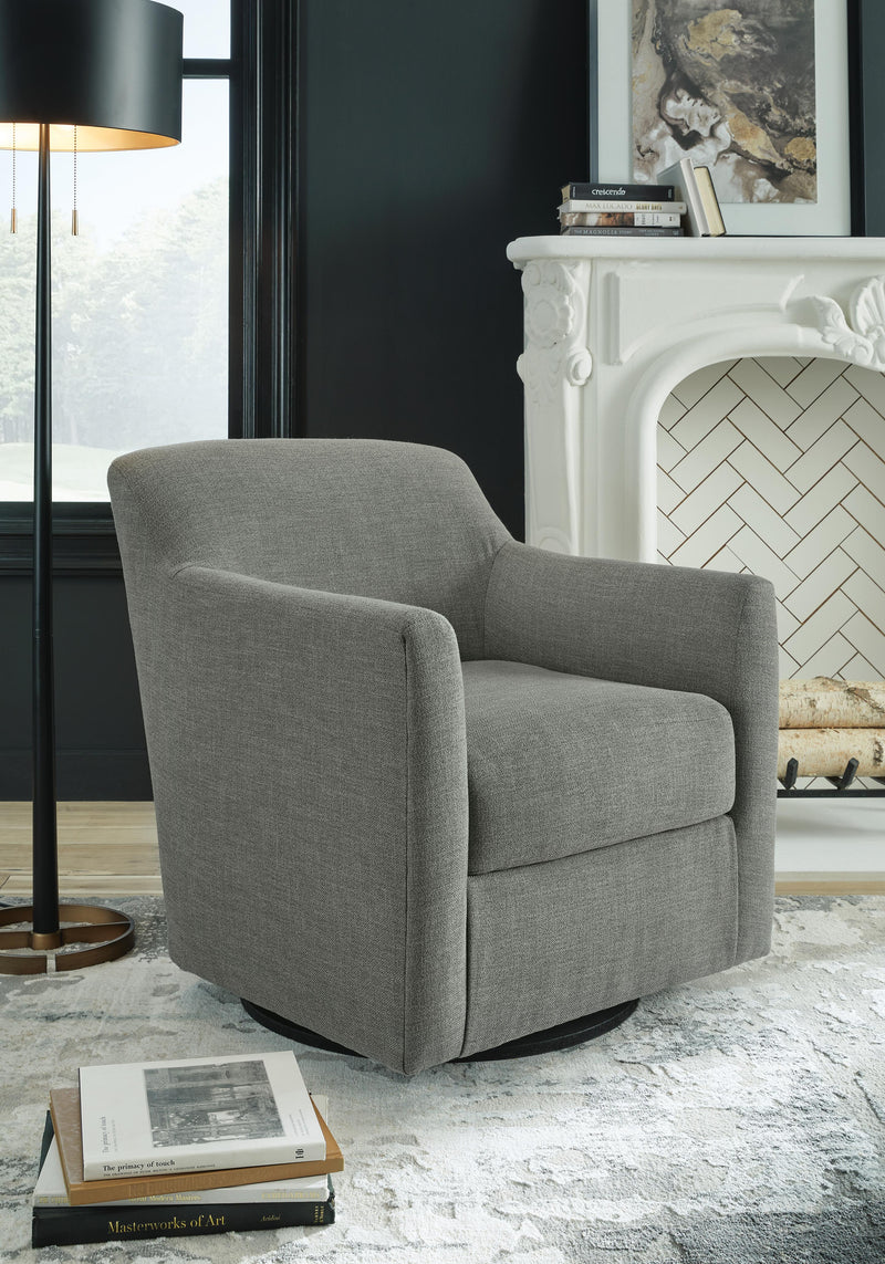 Ashley Furniture Bradney swivel accent chair with plush fabric and modern design, shown in a stylish living room setting.