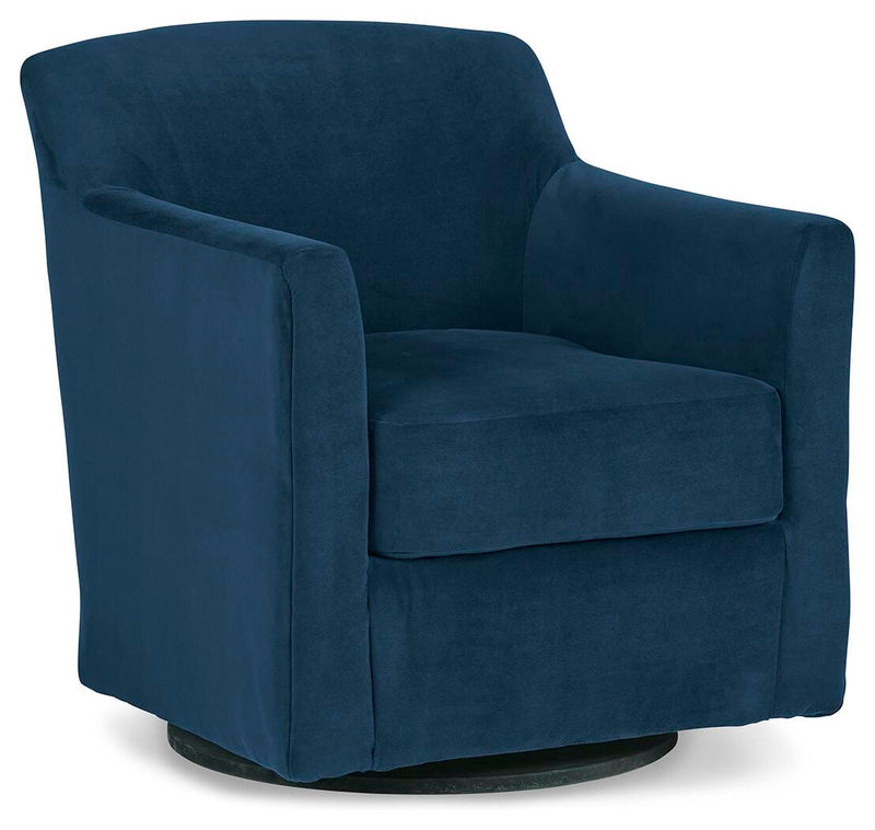 Ashley Furniture Bradney swivel accent chair with beige upholstery, featuring a rounded back and wooden legs in a stylish living room setting.