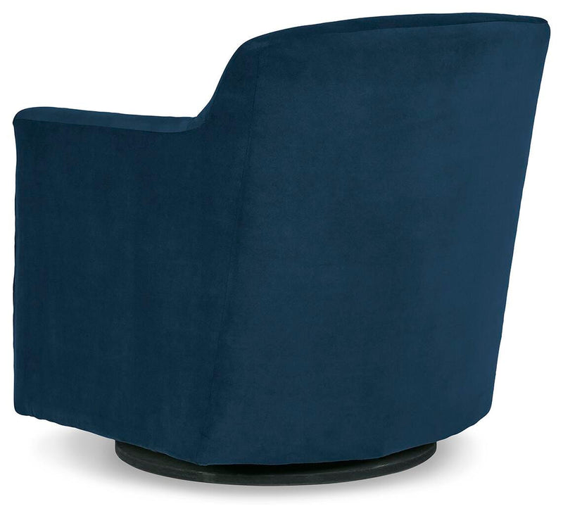 Ashley Furniture Bradney swivel accent chair with plush upholstery and modern design, shown from the back in this image.