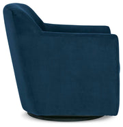 Ashley Furniture Bradney swivel accent chair with plush beige upholstery and wooden legs, shown from a side angle.