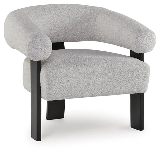 Ashley Furniture Dultish Accent Chair with plush fabric, angled design, and wooden legs, shown from a side angle.