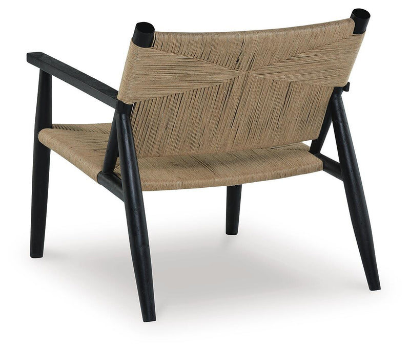Ashley Furniture Halfmore Accent Chair with plush upholstery and wooden legs, shown from the back.