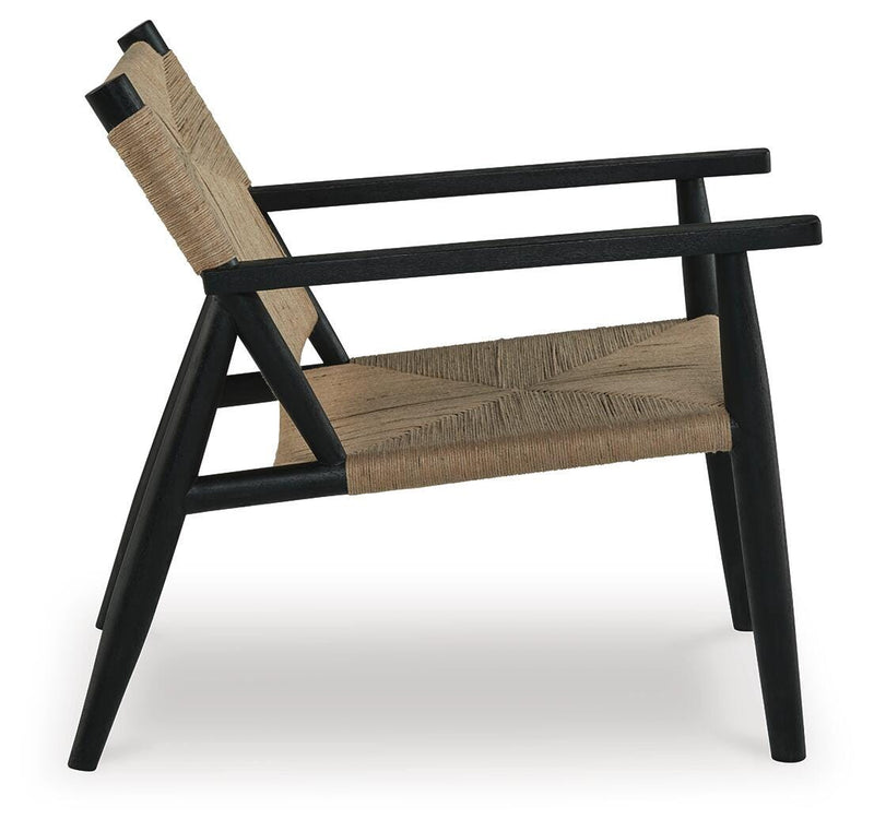 Ashley Furniture Halfmore accent chair with plush beige upholstery and wooden legs, shown from side view.