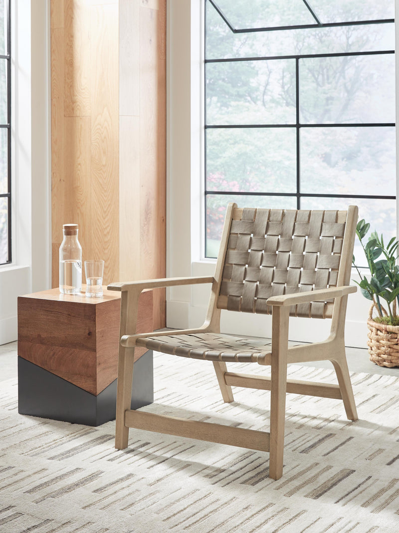Ashley Furniture Jameset accent chair with plush fabric, curved armrests, and wooden legs, perfect for stylish living room seating.