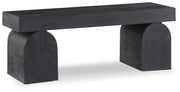 Ashley Furniture Holgrove Accent Bench with cushioned top and wooden legs, ideal for entryways or living rooms.