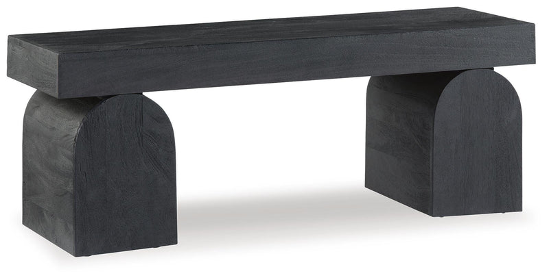 Ashley Furniture Holgrove Accent Bench with cushioned top and wooden legs, ideal for entryways or living rooms.