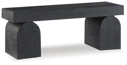 Ashley Furniture Holgrove Accent Bench with cushioned top and wooden legs, ideal for entryways or living rooms.