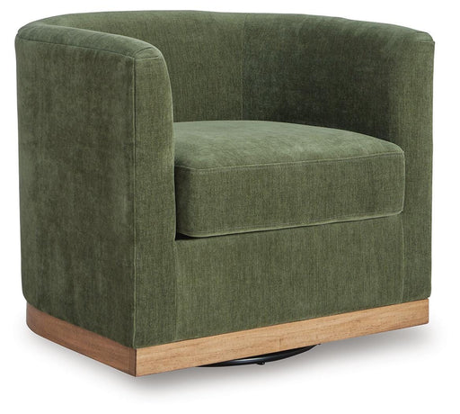 Ashley Furniture Jersonlow swivel accent chair with plush fabric and modern design, shown from an angled side view.