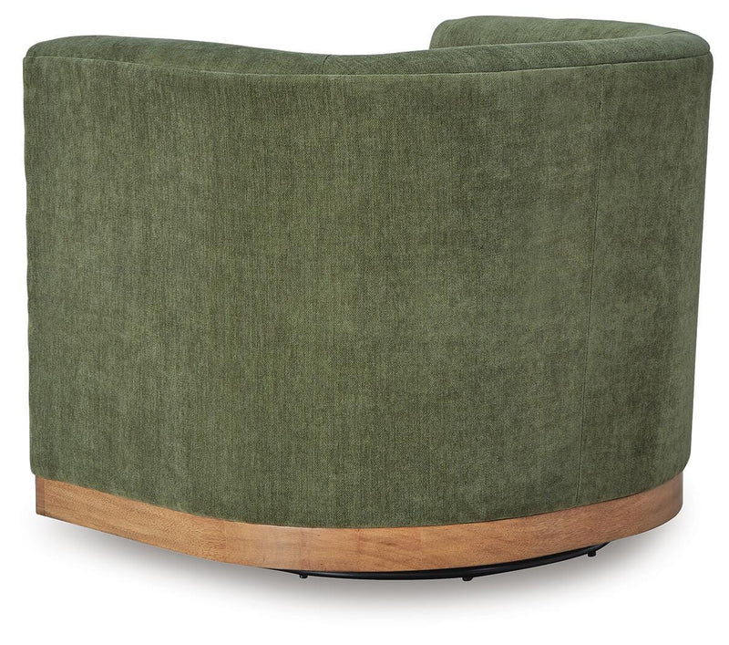 Ashley Furniture Jersonlow swivel accent chair with plush upholstery and wooden legs, shown from the back view.