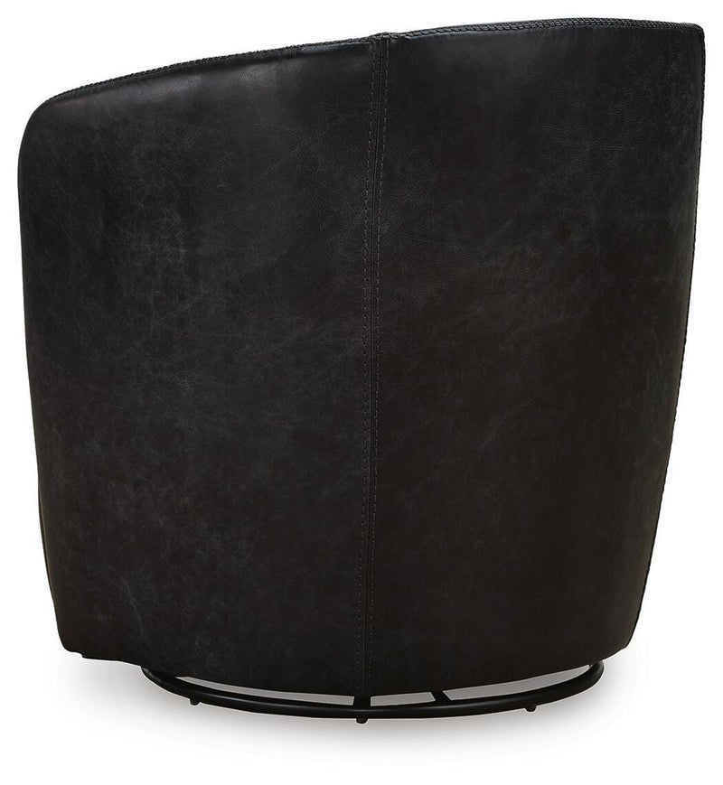Ashley Furniture Kierreys swivel accent chair with wooden legs and plush fabric upholstery, shown from the back view.