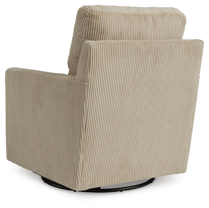 Ashley Furniture Icaman Swivel Accent Chair with upholstered fabric and wooden base, shown from the back.